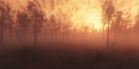 Obraz premium Ethereal Sunrise Misty Forest Landscape in Warm Light.