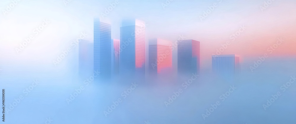 Poster 晴れた日の大気中の靄に包まれた超高層ビル群の街並みと幾何学的な建築デザインの美しい抽象的な画像