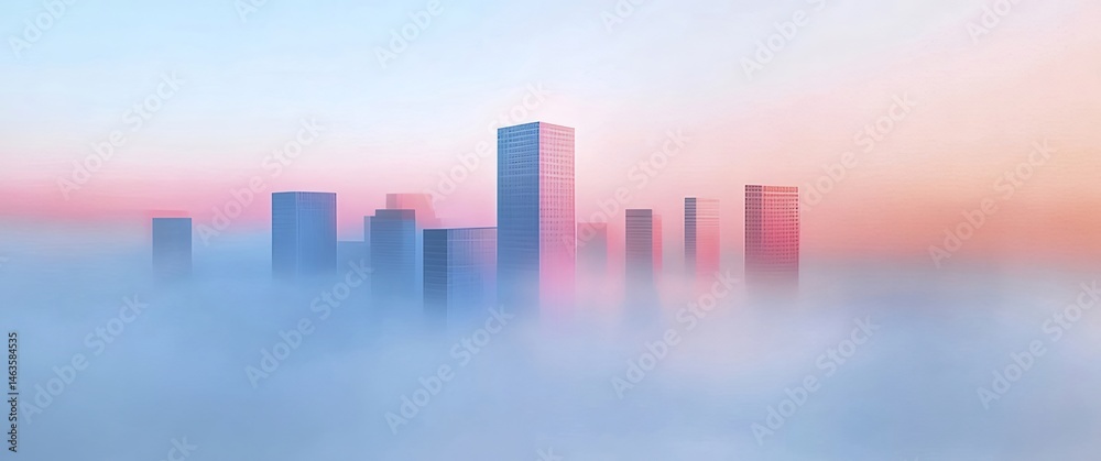 Poster 霧のかかった都市のスカイライン 青とピンクの空に照らされた高層ビル群 穏やかな雰囲気 都会の風景とミニマリストなデザイン