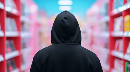 Figure In Black Hoodie Sneaking Out Of Colorful Bookstore Aisle Creating Tension And Intrigue