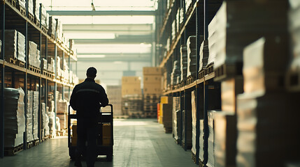 Worker Moving Pallet in a Warehouse