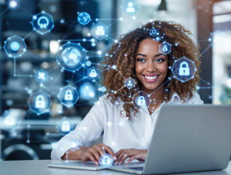Smiling woman using laptop with digital cybersecurity icons overlay, futuristic tech style, office background, concept of online privacy and security. Ai generative - Powered by Adobe