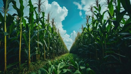 Obraz premium Bright blue sky over expansive cornfields surrounded by green foliage