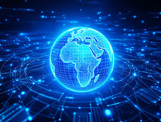 Naklejka premium Glowing digital Earth with grid lines, futuristic tech style, on a glowing blue background. Concept of global connectivity and digital networks. Ai generative