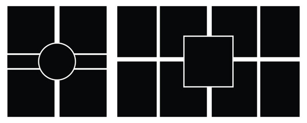  Picture grid. Mood board mockup background, Horizontal mockup design with colour palette quote. Photography album layout. Mood board background. Mosaic from picture frames.