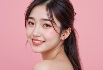 Beautiful Asian Woman with Glowing Skin and Pink Blush