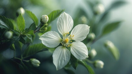 Fototapeta premium Springtime white blackberry blossoms in close-up with lush green foliage