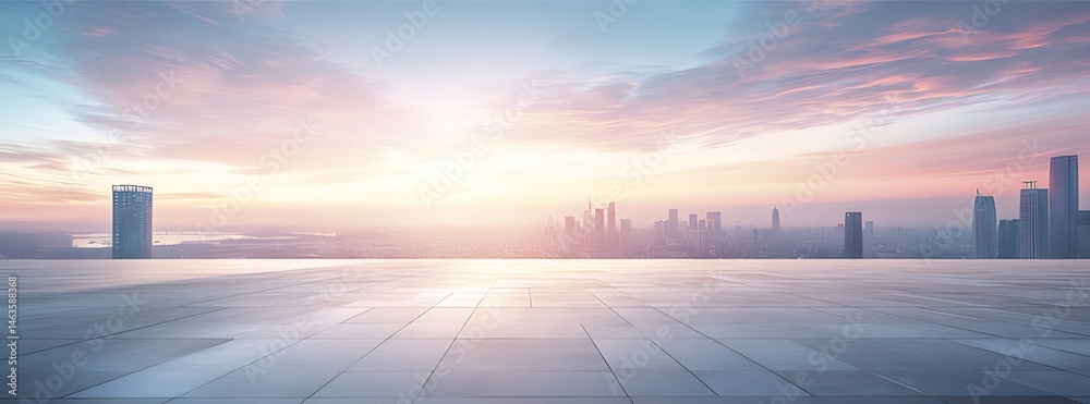 Aufkleber ピンクの夕焼けの空の下の都市のスカイラインと高層ビル 都会の景観とモダンな建築物の美しいパノラマビュー