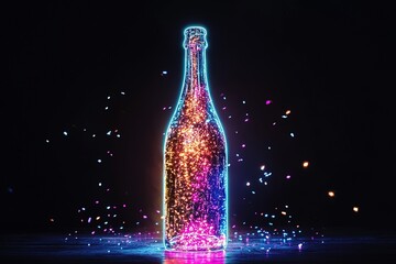 Neon lit sparkling champagne bottle