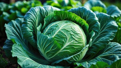 Obraz premium Close-up of big green cabbage in a natural garden setting