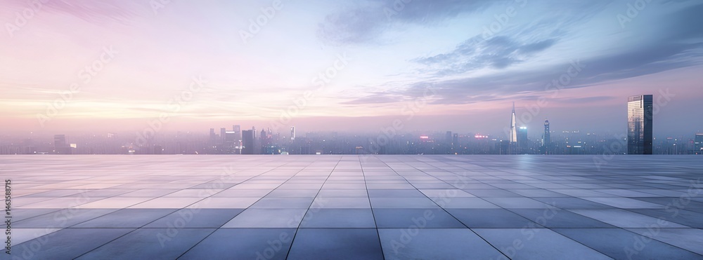 Aufkleber タイル敷きの屋上から見る都市のスカイラインのパノラマビュー 夕暮れの空と都市の明かりが特徴的な未来的な建築物の夜景