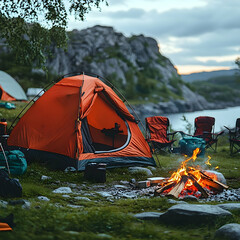 Camping adventure orange tent and campfire in scenic mountain landscape