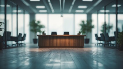 Contemporary office setting with a beautifully blurred vintage background, panoramic windows, and wooden floor