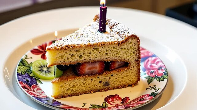 Delicious birthday cake slice with candle on floral plate  