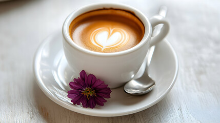 Fototapeta premium Cappuccino in white cup with heart shape and flower on white surface
