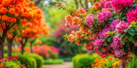 Vibrant green foliage surrounds lush orange and pink blossoms in full bloom, garden, orange,  garden, orange, flowers