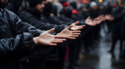 A crowd of people extending their open hands outward.