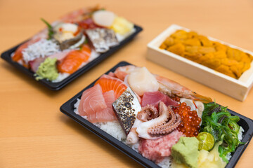 Colorful Japanese seafood lunch with sashimi