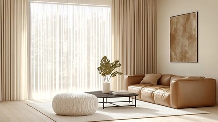 Modern beige living room with large windows