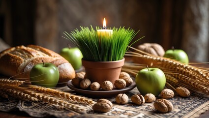 Christmas-themed table arrangement with wheat, bread, apples, and walnuts for celebration