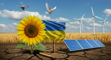 Ukraine Peace and Renewable Energy Concept with Sunflower Flag Wind Turbine Solar Panel Drone and Dove