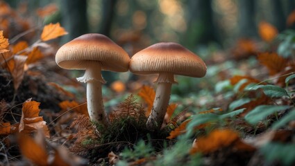 Detailed view of edible fungi thriving on an old tree stump in the woods