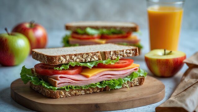 Whole grain toasted sandwich with ham, cheese, tomato, and lettuce accompanied by orange juice and an apple packed in a brown paper lunchbox.