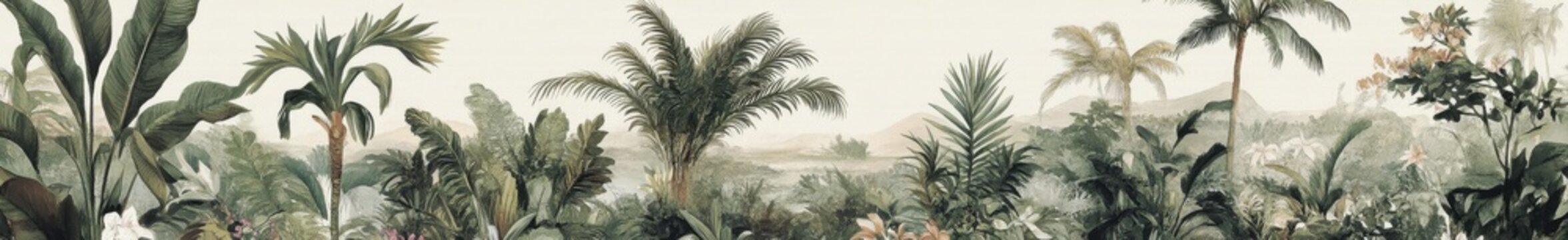 Serene tropical landscape painting in pastel tones.