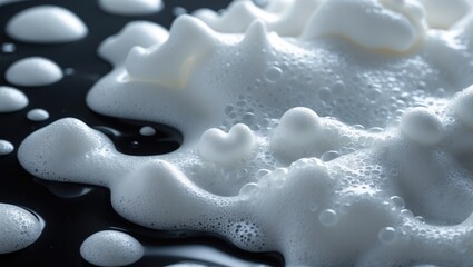 Close-up of foam bubbles from shampoo and soap on a black water background emphasizing cleanliness and hygiene.