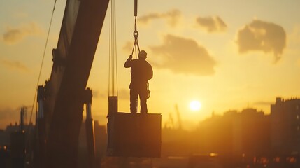 Construction Worker on Crane at Sunset
