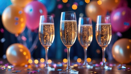 Joyful Party Scene Featuring Champagne Flutes, Balloons, and Decorations