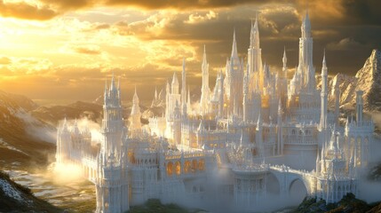 Fototapeta premium Majestic White Castle in a Golden Sunset