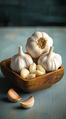 Garlic bulbs and cloves in a wooden bowl on a blue surface