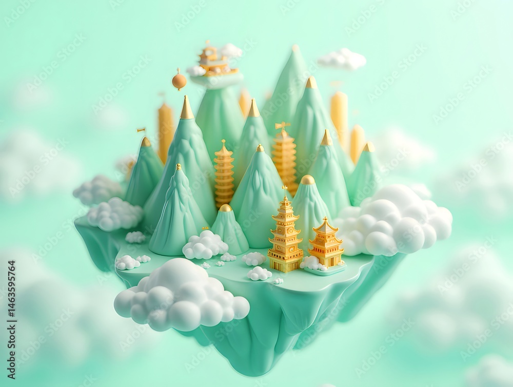 Aufkleber ミントグリーンとゴールドのミニチュア風景と雲の島 ファンタジー建築と装飾が施された平和な旅行の目的地と精神的な休暇