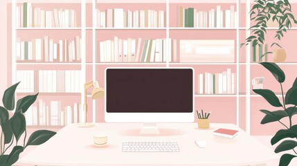 Minimalist Home Office Setup with Computer and Bookshelves in Soft Pink Tones, Front View, Illustration Style