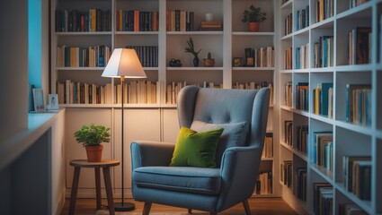 Charming home library setting with multiple books on shelves and a comfortable spot for reading