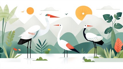 Naklejka premium Illustrative Scene of Wetlands with Birds and Vibrant Landscape