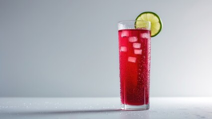 Chilled tall glass of Cranberry juice with lime and ice isolated on a white surface