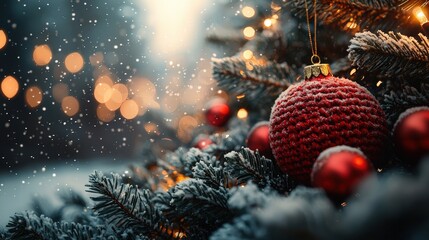 Christmas tree decorated with red balls and knitted toys in forest in snowdrifts in snowfall