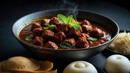 Red Beef Fry Curry: Spicy South Indian Roast Paired with Ghee Rice, Appam, Parotta, Puttu on a Dark Black Background