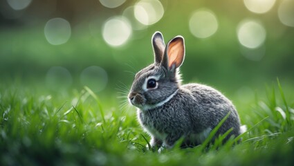Fototapeta premium Small pet rabbit in a grassy meadow