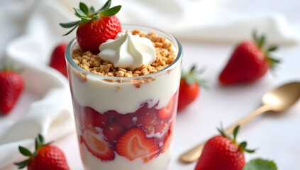 A close-up of a strawberry yogurt parfait in a tall glass, with visible fruit layers, granola, and whipped cream on top, surrounded by fresh strawberries and white linen background, natural soft dayli