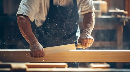 Carpenter Sawing Wood in Workshop