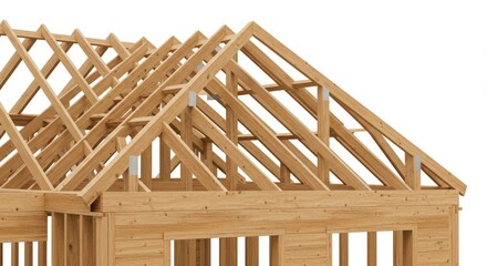 Wooden house frame in construction against a white background. Concept of building