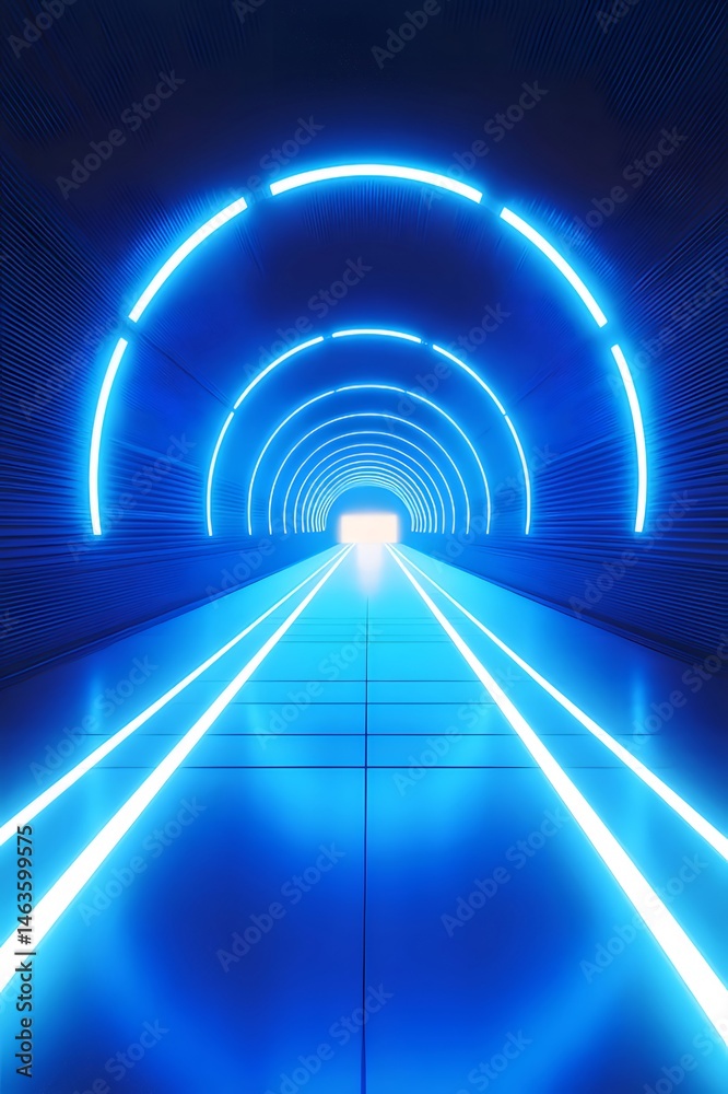Poster 鮮やかな青色のネオンライトが輝く未来的なトンネルの視覚的な旅、テクノロジーと抽象的な構造を示す幾何学的な道