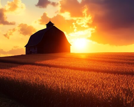 A tranquil countryside scene with a barn silhouetted against a stunning sunset surrounded by fields of golden crops