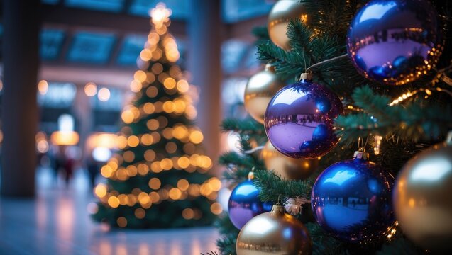 Seasonal Christmas decorations and illumination adorning boulevard and square