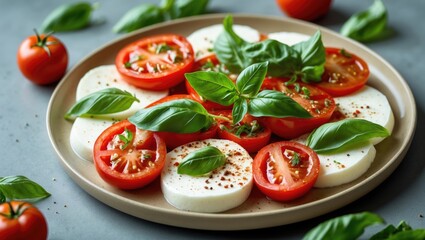 Delicious mozzarella and basil salad with sliced tomatoes and spices