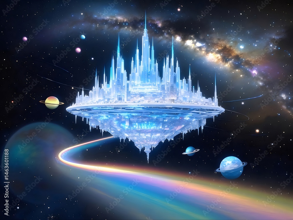 Aufkleber 宇宙空間に浮かぶ未来都市 青と白の建築構造物と虹色の軌跡 ファンタジー世界のランドスケープ