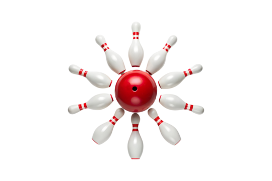 A conceptual arrangement of bowling pins around a central red bowling ball transparent background Generative AI
